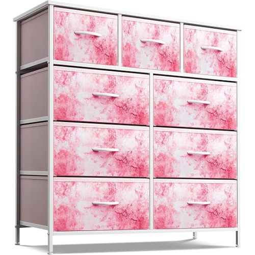 Sorbus Kids Dresser with 9 Drawers - Furniture Storage Chest Tower Unit for Bedroom, Hallway, Closet, Office Organization - Steel Frame, Wood Top, Tie-dye Fabric Bins (Pink, Tie-dye)
