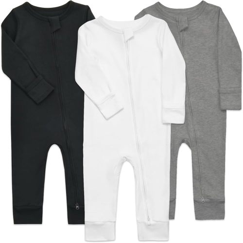 Aablexema 3-Pack Organic Cotton Baby Footless Pajamas with Mitten Cuffs, 2-Way Zipper Infant Romper Outfit(White/Grey/Black,0-3m)