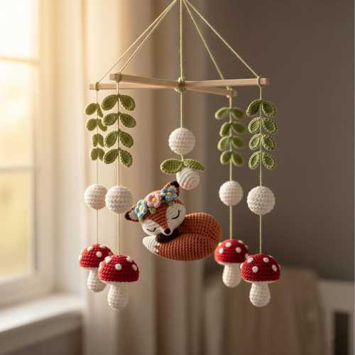Woodland Mobile Nursery, Handmade Nursery Decor, Crochet Forest Animals Baby Nursery, Mushroom And Fox Mobile