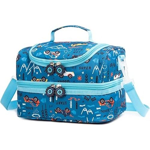Insulated Kids Dual Compartment Lunch Bags Tote Pack for Girls Boys Toddler Kindergarten School Picnic Food Cooler Boxes with Shoulder Strap (Blue Car)