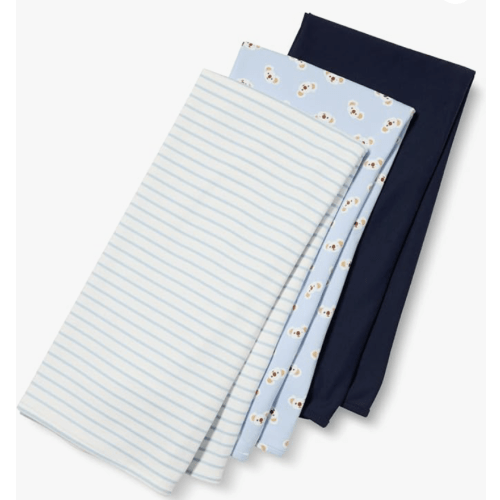 Amazon Essentials Unisex Babies' Breathable Cotton Swaddle Receiving Blankets, Pack of 3, Navy/Stripe/Koala, One Size