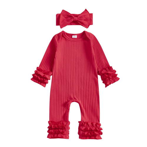 BemeyourBBs Preemie Baby Girl Spring Summer Fall Winter Clothes Baby Girl Newborn Hospital Going Home Outfit Ribbed Romper Solid Color Ruffled Long Sleeve Full Length Jumpsuit with Bow Headband