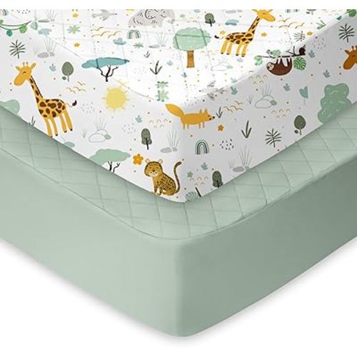 Light Quilted Crib Sheets 2 Pack, Soft Fitted Sheets for Standard Crib and Toddler Mattresses, Safari Animal