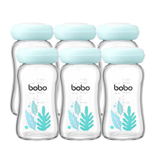 YOHKOH 5.4oz Glass Breast Milk Storage Bottles,Leak-Proof,BPA-Free,6 Pack,Blue