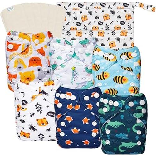 babygoal Newborn Cloth Diapers Pack of 13 for 5-12lbs Preemie Boy, Cloth Diaper Covers 6 Pack with 6pcs Inserts and Wet Bag, Reusable Washable & Waterproof