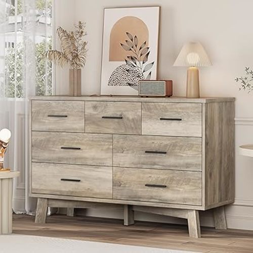 Dresser for Bedroom with 7 Drawer, Wood Modern Chest of Drawers with X-Shaped Sturdy Base, Wide Double Dresser Closet Clothes Storage Organizer, Wooden TV Stand for Living Room, Hallway, Grey