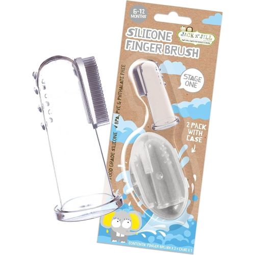 Jack N' Jill Stage 1 Silicone Finger Toothbrush and Toothpaste for Babies & Toddlers, Unflavored Natural Toothpaste, Bundle - Baby Toothbrush 6 to 12 Months - Two Brushes Plus Case, 1.76 Fl Oz