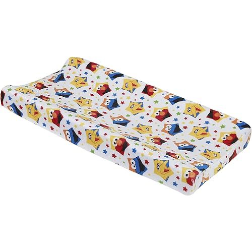 Sesame Street Elmo, Big Bird, & Cookie Monster Red, Yellow, Blue & White with Stars Super Soft Changing Pad Cover, Red, Blue, Yellow, Green