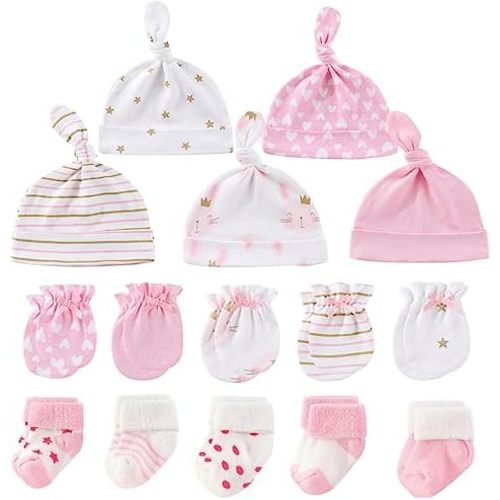 MAMIMAKA Newborn Baby Boy Girl Caps Mittens Socks Set Cotton Baby Essentials Accessories (Hats+Gloves+Socks)