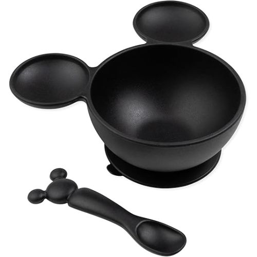 Bumkins Disney Mickey Mouse Bowl, Silicone First Feeding Set with Suction, Includes Spoon, Training Essentials for Baby-Led Weaning, Toddler Self-Feeding, Babies Eating at 4 Mos Up, Black