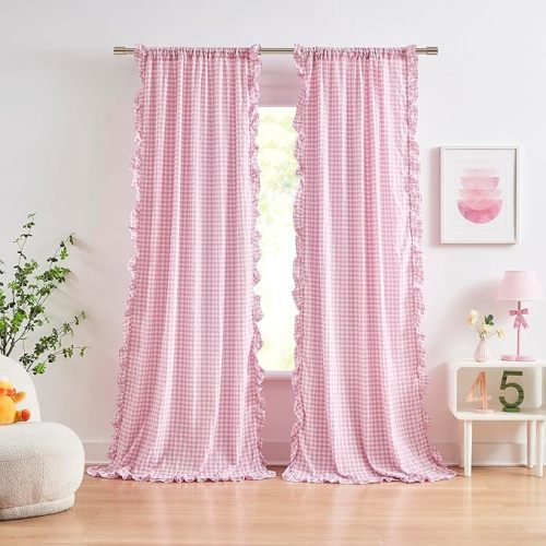 Pink Buffalo Plaid Ruffle Curtains 84"