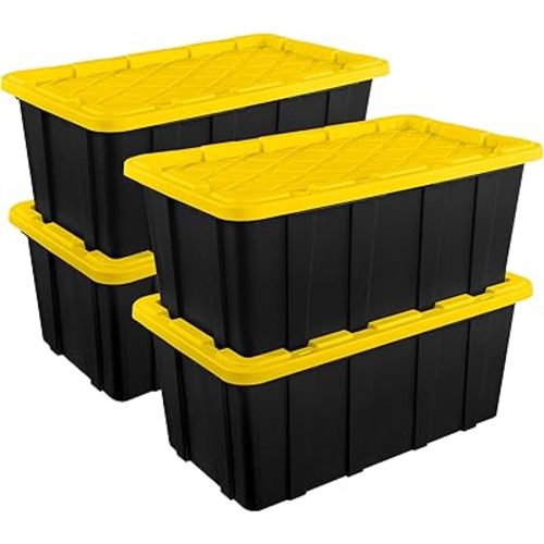 Sterilite 4-Pack Industrial Tote, Plastic Storage Container Bins with Lids, 38 Gallon - Heavy-Duty Organizing Containers for Closet, Bathroom, and Office