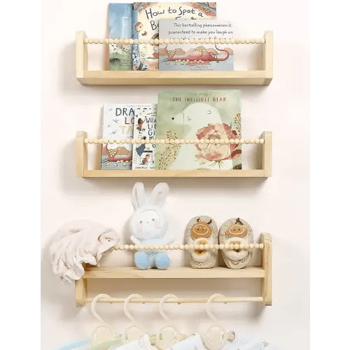Nursery Floating Shelves for Wall, Set of 3 Book Shelves Natural Wood Wall Mounted Organizer with Towel Bar Hanging Bookshelves Nursery Decor for Kids Room, Bedroom and Kitchen