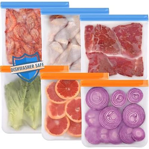 Lerine 6 Pack Reusable Gallon Freezer Bags Dishwasher Safe, BPA Free Reusable Freezer Bags 1 Gallon, Extra Thick Leakproof Food Storage Bags for Marinate Meats, Cereal, Veggies,Fruits
