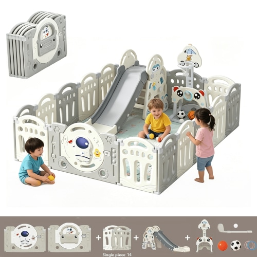Baby Playpen with Slide & Basketball Hoop Large Baby Play Yard Fence 63*76 for Babies and Toddlers Baby Play Yard Activity Center with 14+2 Panels(Astronaut Theme)