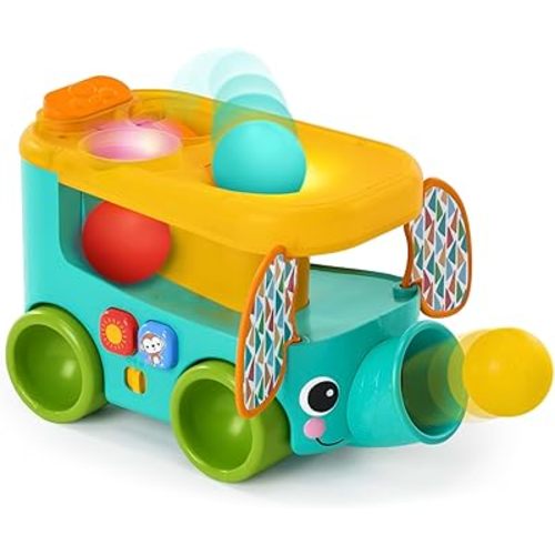 Bright Starts Pop & Roll Safari Bus Ball Play Toy, Elephant Popper and Launcher, Baby Crawling Toy, Unisex, Ages 6 Months+