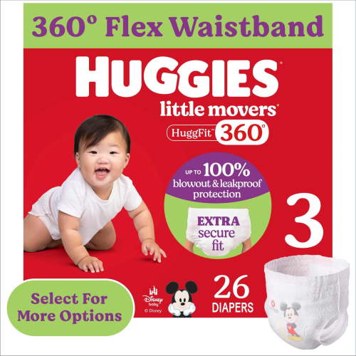 Huggies Little Movers HuggFit 360° Baby Diapers with 360° Waistband, Size 3 (16-28 lbs), 26 Count (Select for More)