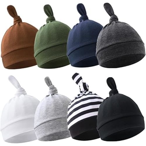 BEoffer 8 Pack Baby Newborn Hats Set Top-Knot Beanie
