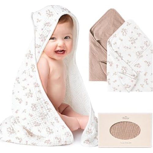 Konssy 2-Pack 100% Muslin Cotton Hooded Baby Bath Towels for Boys and Girls