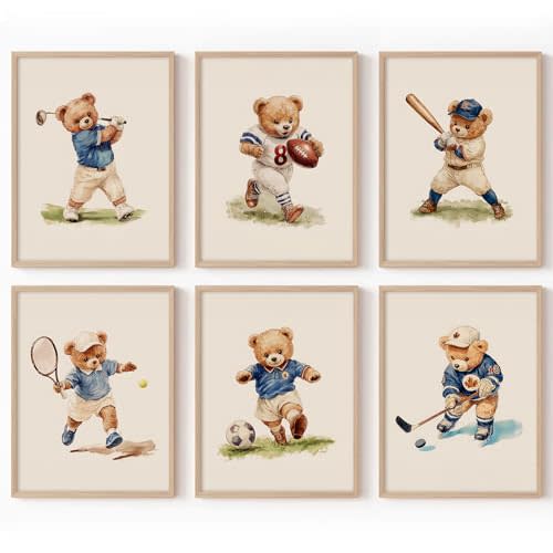 Olctedo Nursery Bear Sports Wall Art Vintage Boy Room Canvas Wall Decor Baby Teddy Bear Pictures Boy Nursery Art Prints Kids Animal Poster Artwork for Toddler Bedroom Playroom 8x10 Inch Unframed 6Pcs