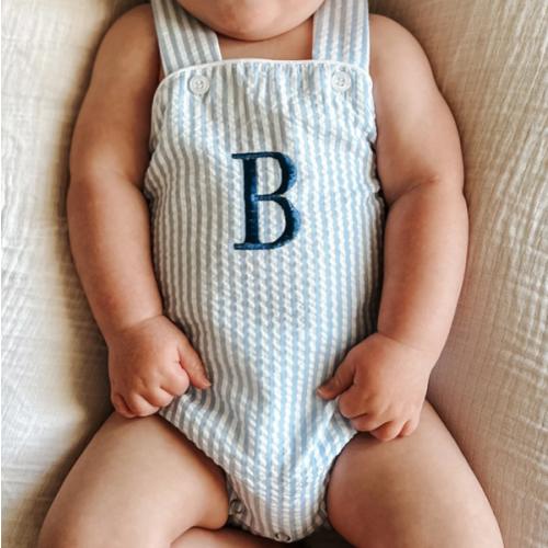 Custom Embroidered Blue Striped Seersucker Sunsuit | Little Joy Co.