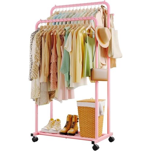 Sakugi Clothes Rack - Double Rods Clothing Rack with Mesh Shelf, Hooks & Wheels, Metal Clothing Racks for Hanging Clothes & Bags, Multifunctional Garment Rack for Laundry, Pink, 28.7" x 16.5" x 59.1"