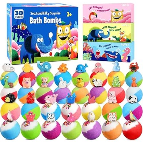 30 Pack Bath Bombs for Kids with Toys Inside, Kids Bath Bombs Gift Set with 30 Sea & Land & Sky Animal Surprise Toy, Child-Safe Natural Bubble Bath Toys, Birthday Gifts for Kids Boys Girls