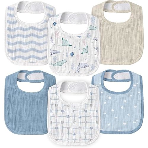 GLLQUEN BABY Muslin Drool Bibs for Boys Girls 6 Pack, Adjustable Baby Bibs for Drooling and Teething, Soft Cotton Baby Bandana Bib for Newborn Feeding Essentials (Ocean Whimsy)