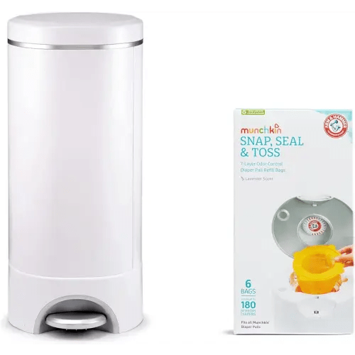 Munchkin® STEP™ Diaper Pail Powered by Arm & Hammer, #1 in Odor Control, Award-Winning, Includes 7 Snap, Seal & Toss™ Bags, 1 Starter Refill Ring, and 1 PUCK™ Baking Soda Cartridge