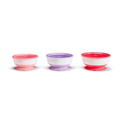 Munchkin Stay Put Munchkin Suction Baby Bowls with Lids - Dishes for Babies and Toddlers, Self-Feeding Bowl Set for Kids 6+ Months, 3 Pack, Pink/Purple