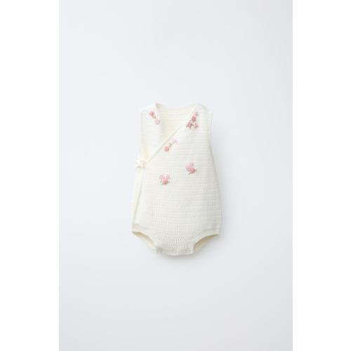 FLORAL EMBROIDERED KNIT ROMPER - Ecru | ZARA United States