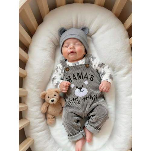 SHEIN 2pcs Baby Boy Outfit, Long Sleeve Romper + Bib Pants, Bear & Letter Embroidery, Casual Cartoon Set, Baby Boy Baby Girl Unisex Infant Toddler Newborn 0-3T Mamas Boy Outfit Swaddle Newborn Boy Set Baby Boy Bear Outfit Newborn Baby Boy Going Home Outfi