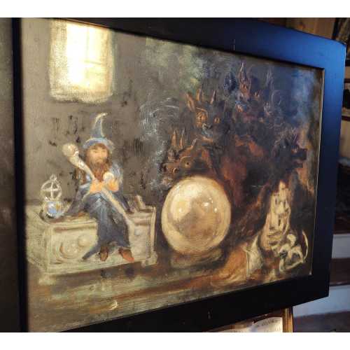 11x14" Contemplating " oil painting original hardboard fantasy still life wizards and dragons crystal ball