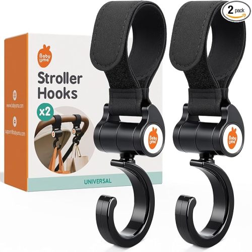 Baby Uma Stroller Hooks (2 Pack) - Open Stroller Hook with 360°-Swivel Neck & Extra Strong Strap, Easy On 'n Off & Universal, 11 lb Weight Capacity, Baby Travel Essential