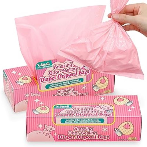 BOS Amazing Odor Sealing Baby Diaper Disposal Bags - Durable and Unscented [Size: XS, Color: Pink] (200 count, Pack of 2) (400 Bags)