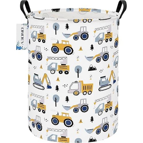 Round Foldable Laundry Hamper Kids Forest Vehicles Excavator Boys Gift Basket Suitable For Home Decoration and Toy Storage(Excavator)