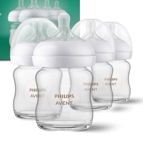 Philips Avent Natural Glass Baby Bottles with Natural Response Nipples (Slow Flow, Flow 2), 4oz, 4-Pack, SCY910/04