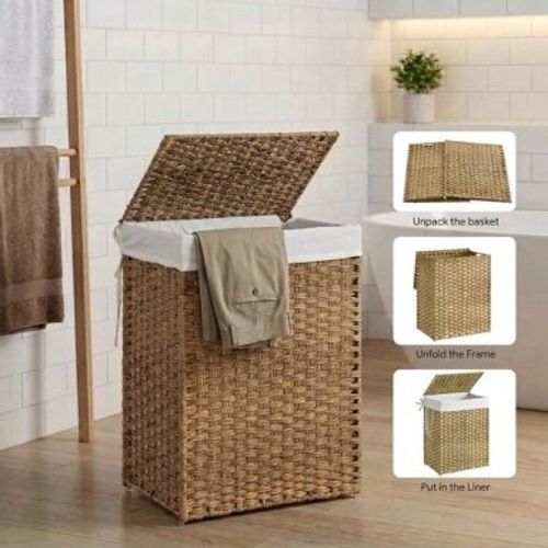 23.8 Gal (90L) Laundry Hamper Laundry Basket with Lid and Handles Wicker hamper Natural