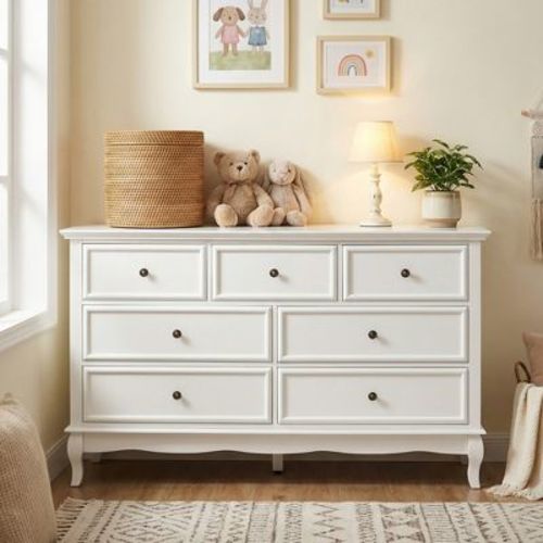 Heynemo 7‑Drawer Dresser, Modern Classic Chest of Drawers with Curved Legs, White, 1‑Pack for Bedroom Living Room