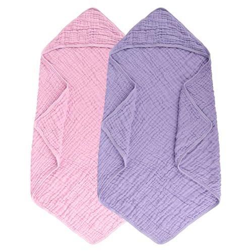 Synrroe 2 Pack Hooded Muslin Cotton Baby Towels, 32x32Inch, Pink & Purple