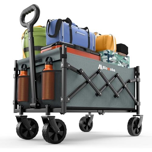 Blomoba Folding Wagon Cart with Wheels, 220lbs Utility Wagon Cart, Black | Collapsible Wagon with 360° All-Terrain Wheels & Adjustable Handle, Foldable Cart for Groceries Camping Sports Gardening