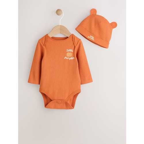 Orange Baby Long Sleeve Halloween Bodysuit and Hat Set