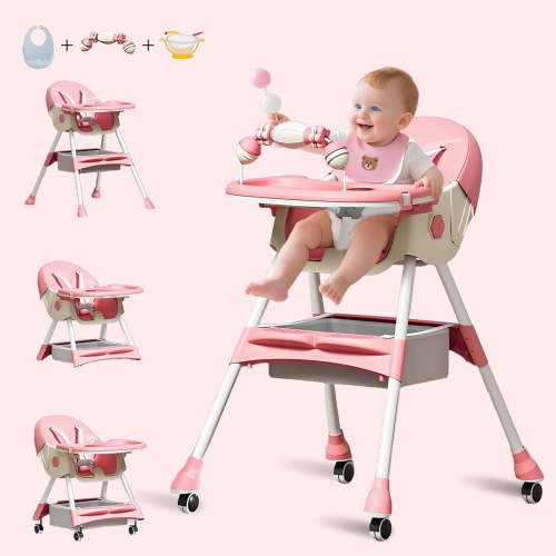 MINGYI 5 in 1 Baby High Chair for Toddlers(6-24 months), Travel Foldable High Chair with Locking Wheels,Adjustable Height, 5-Point Safety Harness(Pink)
