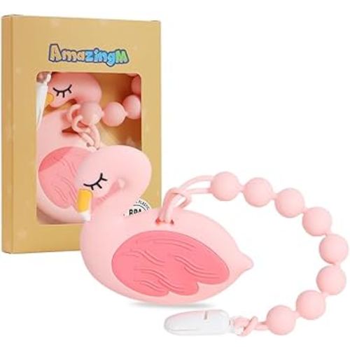 Baby Food Grade Silicone Teether Toy with Pacifier Clip Holder,Teething Toys Gift Set for 3 Months+ Boys and Girls,Freezer Safe,BPA Free. (Pink Flamingo)