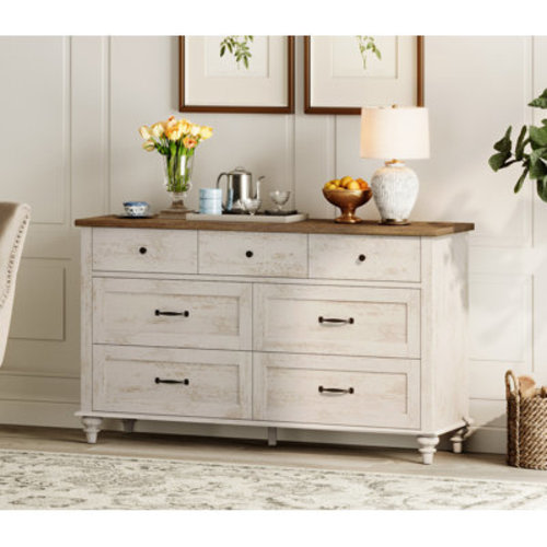 Charlton Home® Scarlett Dresser With 7 Drawers For Bedroom, Mid Century Wooden Dresser & Reviews | Wayfair