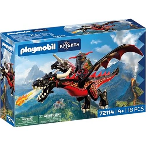 Playmobil | Knights | Black Dragon | Large Fire‑Breathing Dragon with Firing Function and Knight | Dragon Toy for Children Aged 4+ | 72114
