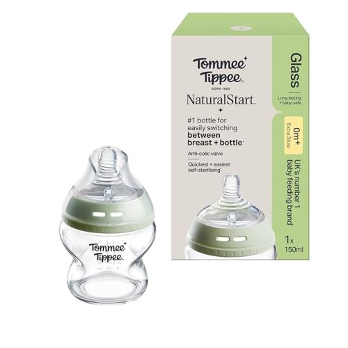 Tommee Tippee Natural Start 9 oz Glass Baby Bottles, Self Sterilizing, BPA & Phthalates Free, 0+ Months, Slow Flow Breast-Like Nipple for a Natural Latch, Travel Jar Lids, Cup Rings, Pack of 3