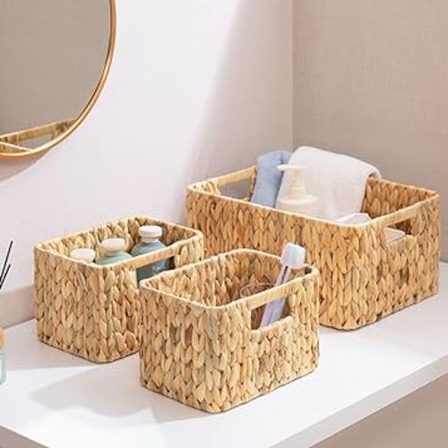 ELONG HOME Wicker Storage Basket, 3 Pack Hand-Knitted Wicker Baskets, Water Hyacinth Storage Baskets with Built-in Handles