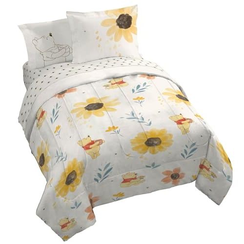 Jay Franco Disney Winnie The Pooh King Comforter Set - 7 Piece Bedding Includes Sheet Set & Pillow Covers - Super Soft Cozy Floral Bedding