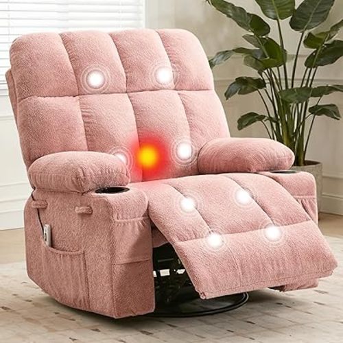 IDEALHOUSE Rocking Recliner Chair with Heat, 38.5" Oversized Swivel Rocker Recliner with Massage, Side Pockets & Cup Holders, Reclining Sofa for Living Room, Bedroom (Pink, Linen)